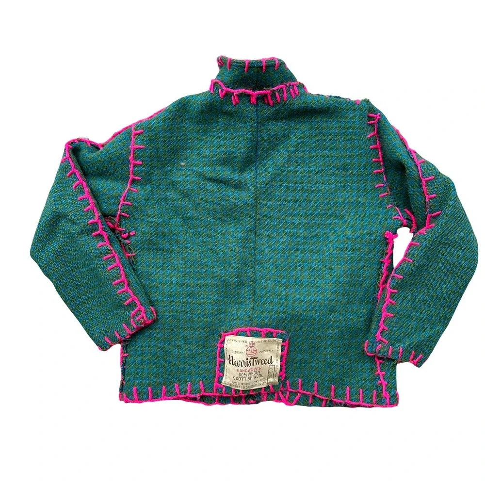 Harris Tweed Trench Coat Size 5 Green Pink Thrift Flip Virgin Wool Front Button
